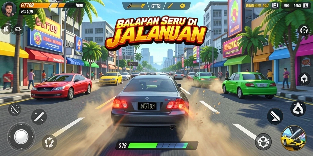 Gameplay GT108 yang seru dengan mobil balap yang cepat.