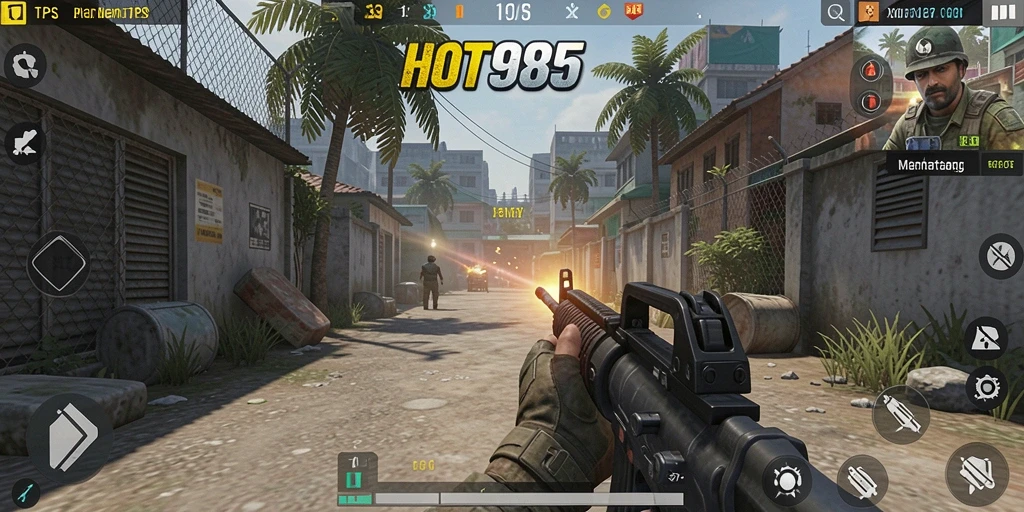 Tangkapan layar HOT985 menunjukkan aksi menembak yang mendebarkan di gameplay TPS.