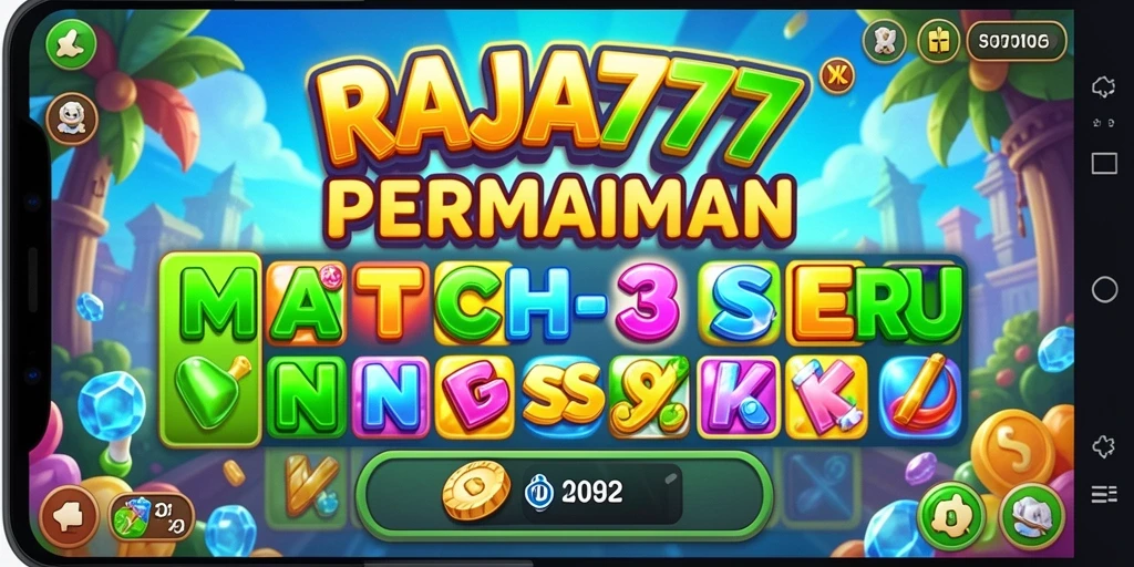 Screenshot menunjukkan gameplay seru RAJA777 pada level Match-3.